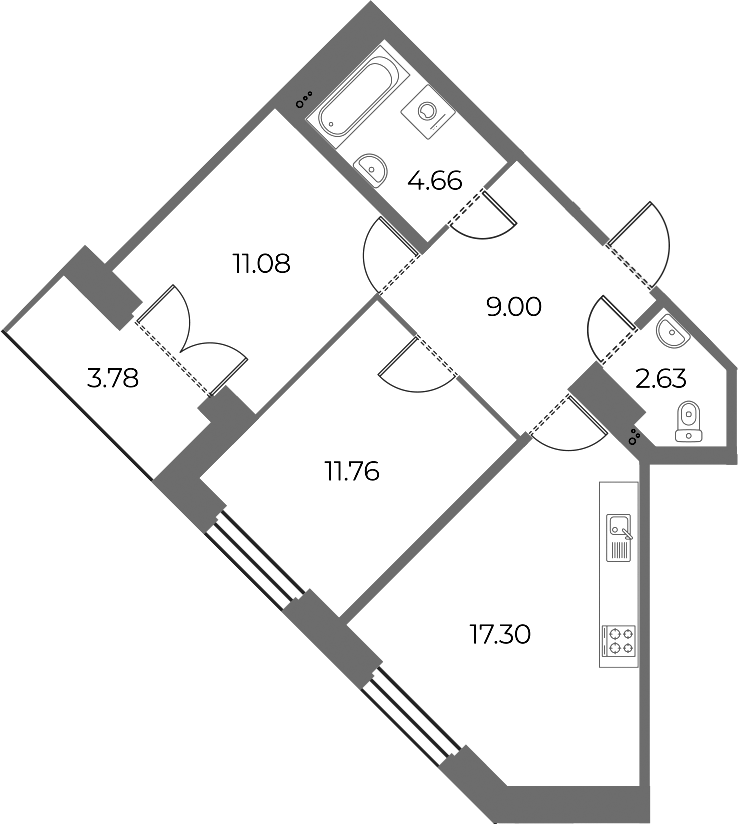 2-комнатная квартира 58.32 м², 6/18 эт., ЖК «Огни Залива»